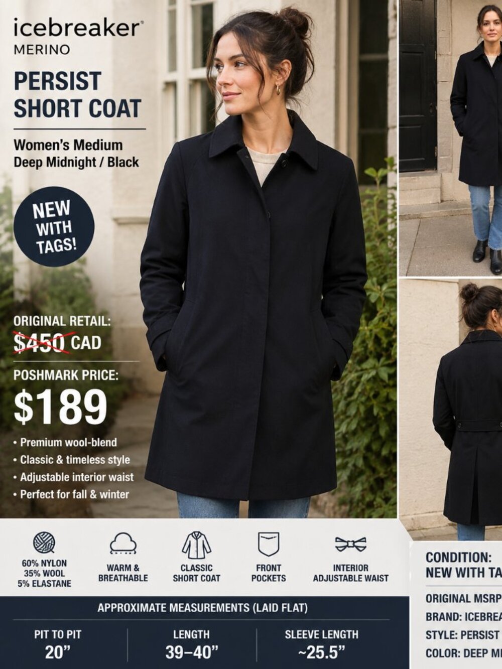 🧥 ICEBREAKER WOMEN’S PERSIST MERINO WOOL SHORT COAT – SIZE M – NWT – $450 MSRP